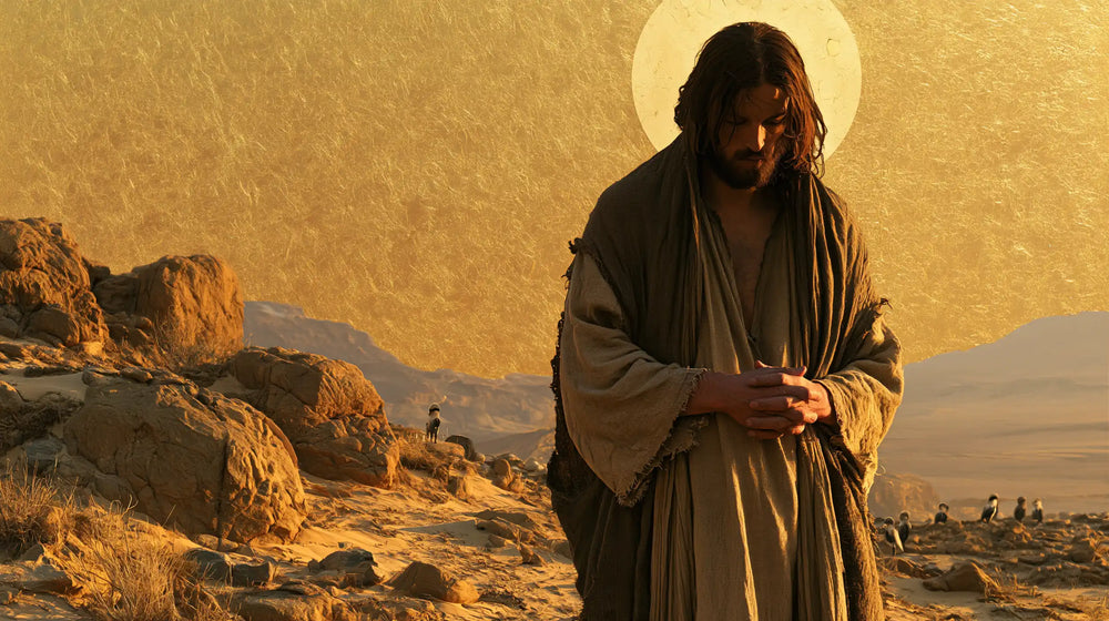 Jesus in the desert during the temptation in Sacred Gold style, landscape Christian artwork no. 15