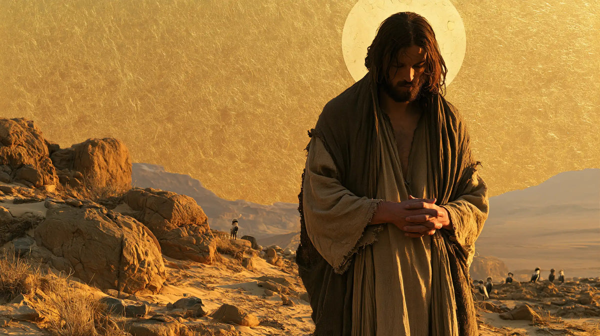 Jesus in the desert during the temptation in Sacred Gold style, landscape Christian artwork no. 15