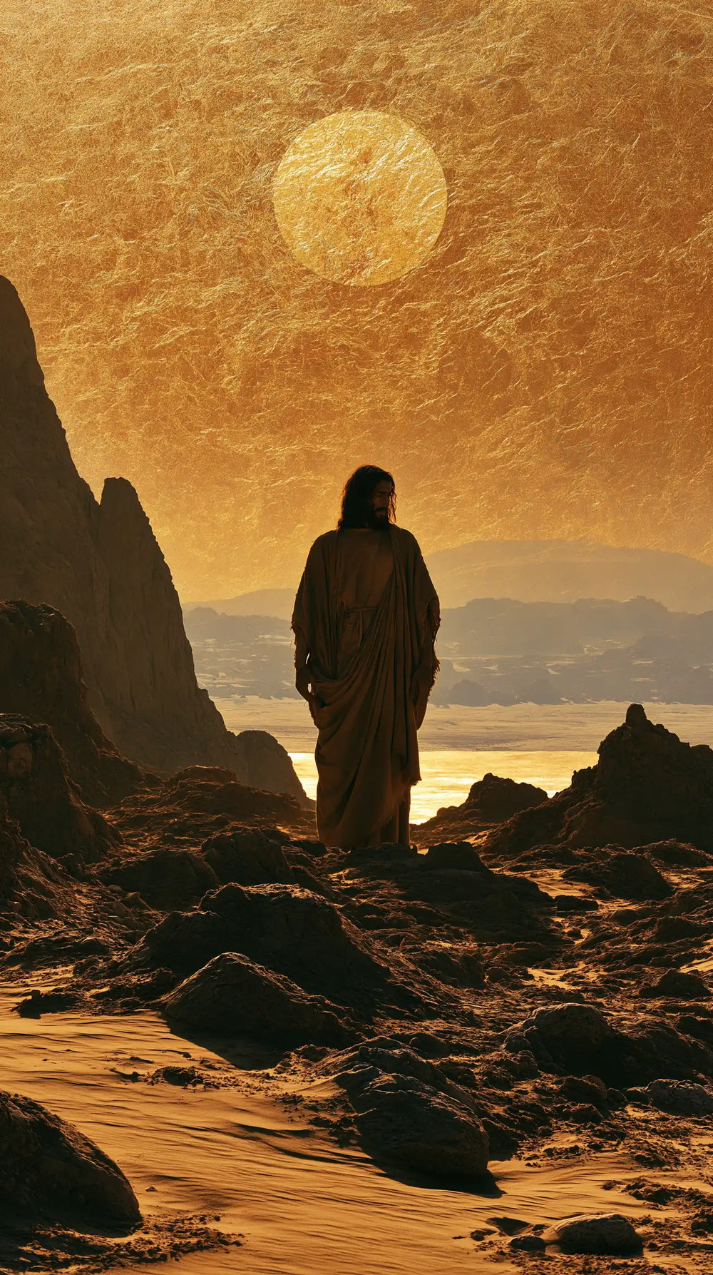 Jesus in the desert during the temptation in Sacred Gold style, portrait Christian artwork no. 17