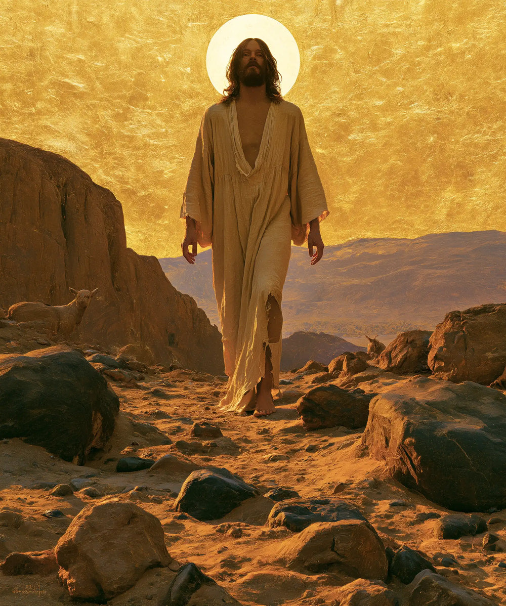 Jesus in the desert during the temptation in Sacred Gold style, portrait Christian artwork no. 35