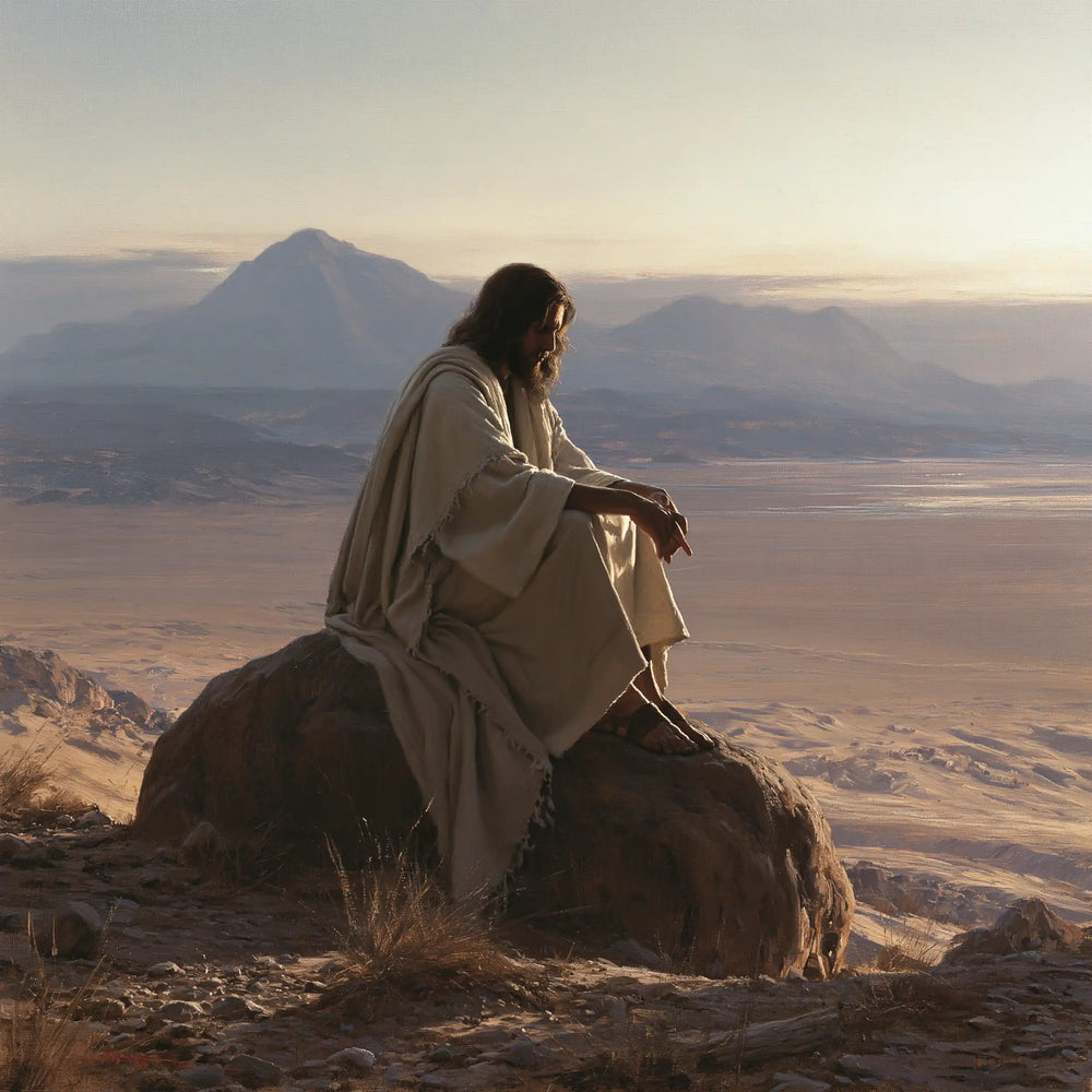 Jesus alone in the silence of the desert in The Silence of the Desert style, square Christian artwork no. 4