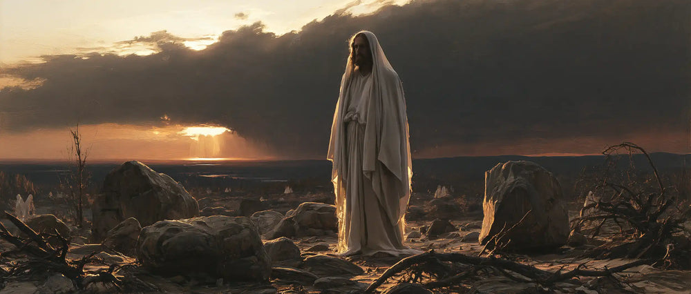 Jesus in the desert during the temptation in Symbolist style, landscape Christian artwork no. 26