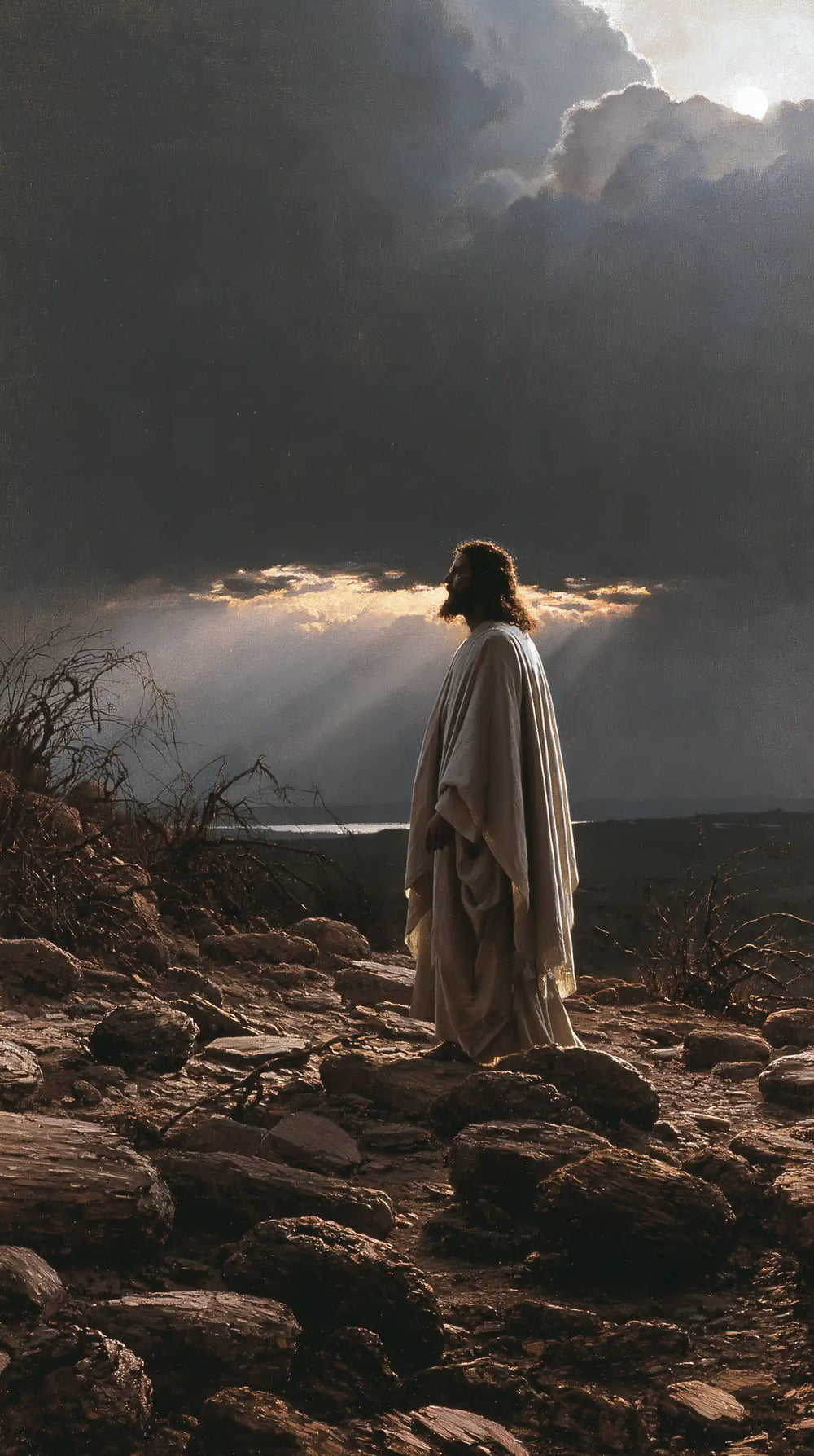 Jesus in the desert during the temptation in Symbolist style, portrait Christian artwork no. 9