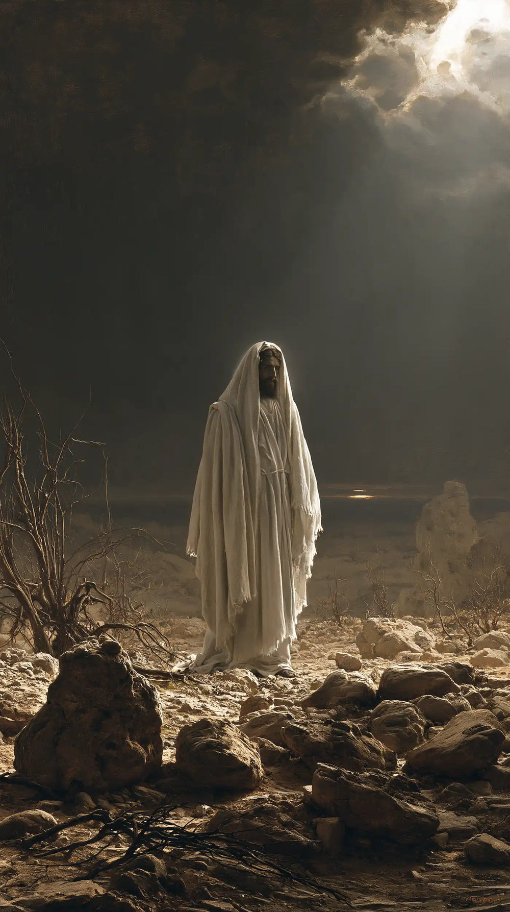 Jesus in the desert during the temptation in Symbolist style, portrait Christian artwork no. 22