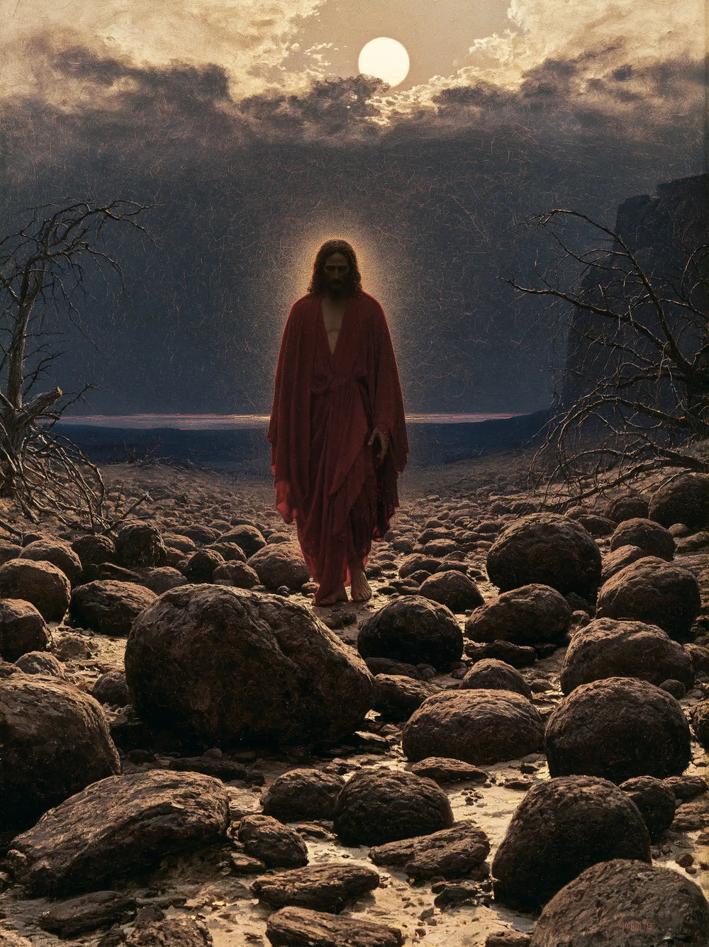 Jesus in the desert during the temptation in Symbolist style, portrait Christian artwork no. 24