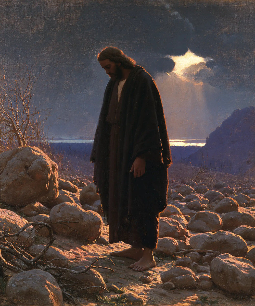 Jesus in the desert during the temptation in Symbolist style, portrait Christian artwork no. 33