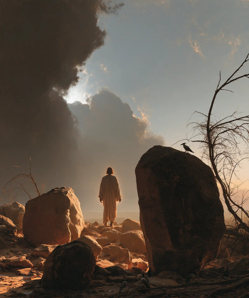 Jesus in the desert during the temptation in Symbolist style, portrait Christian artwork no. 35