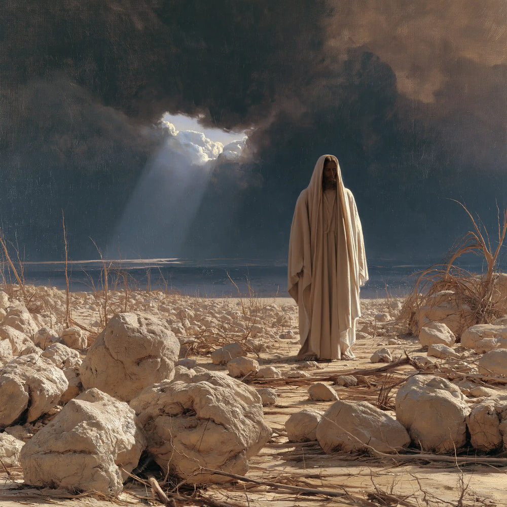 Jesus in the desert during the temptation in Symbolist style, square Christian artwork no. 3
