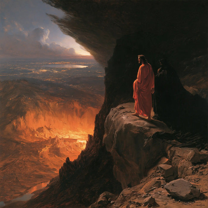 Jesus in the Desert — Crimson beneath the Vault of the Precipice