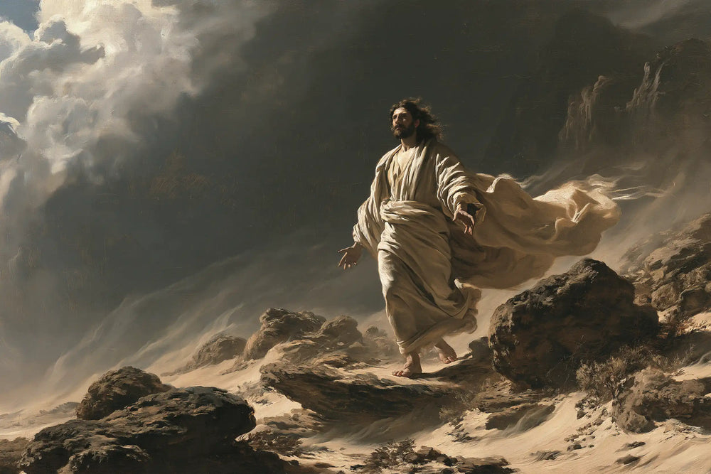Jesus in the desert during the temptation in Theatrical Baroque style, landscape Christian artwork no. 16