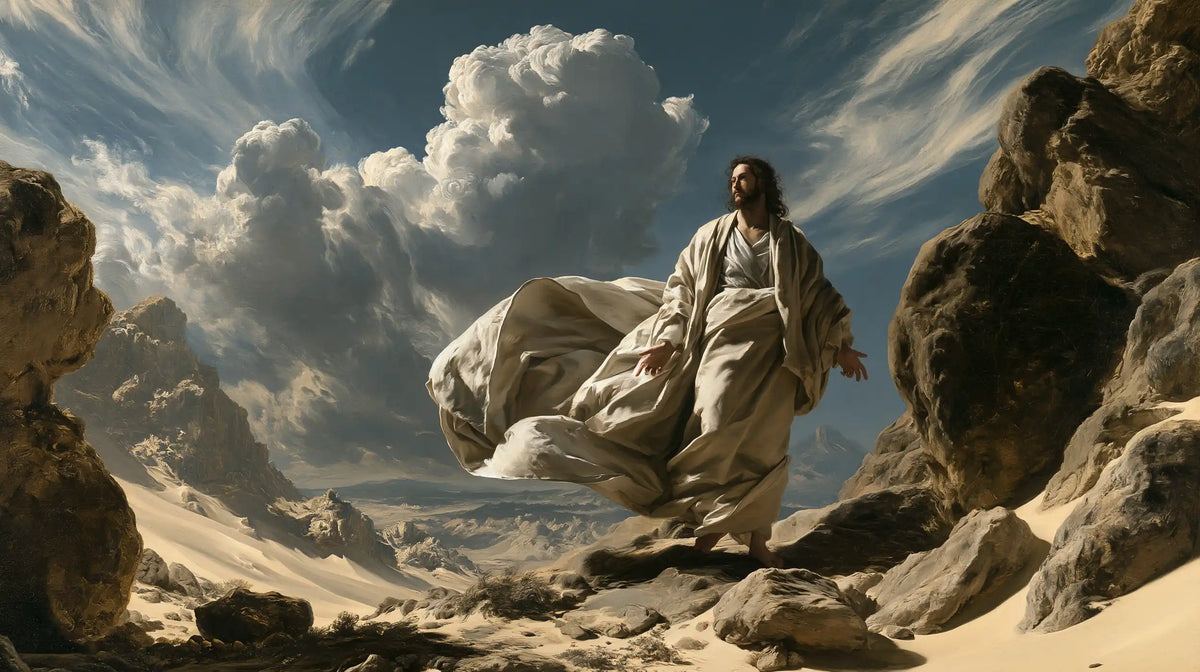 Jesus in the desert during the temptation in Theatrical Baroque style, landscape Christian artwork no. 18
