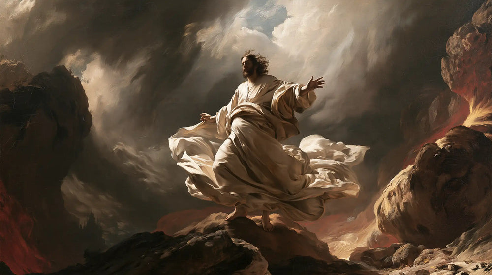 Jesus in the desert during the temptation in Theatrical Baroque style, landscape Christian artwork no. 19