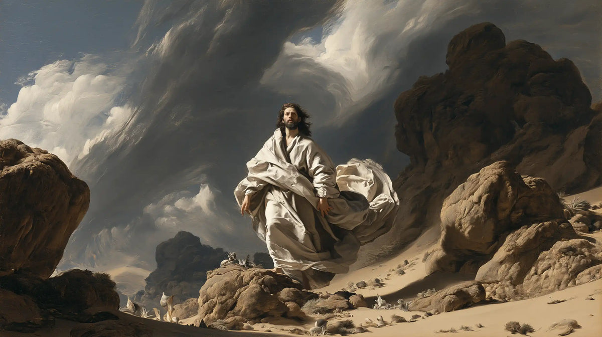 Jesus in the Desert — Linen Curled beneath the Slanting Clouds