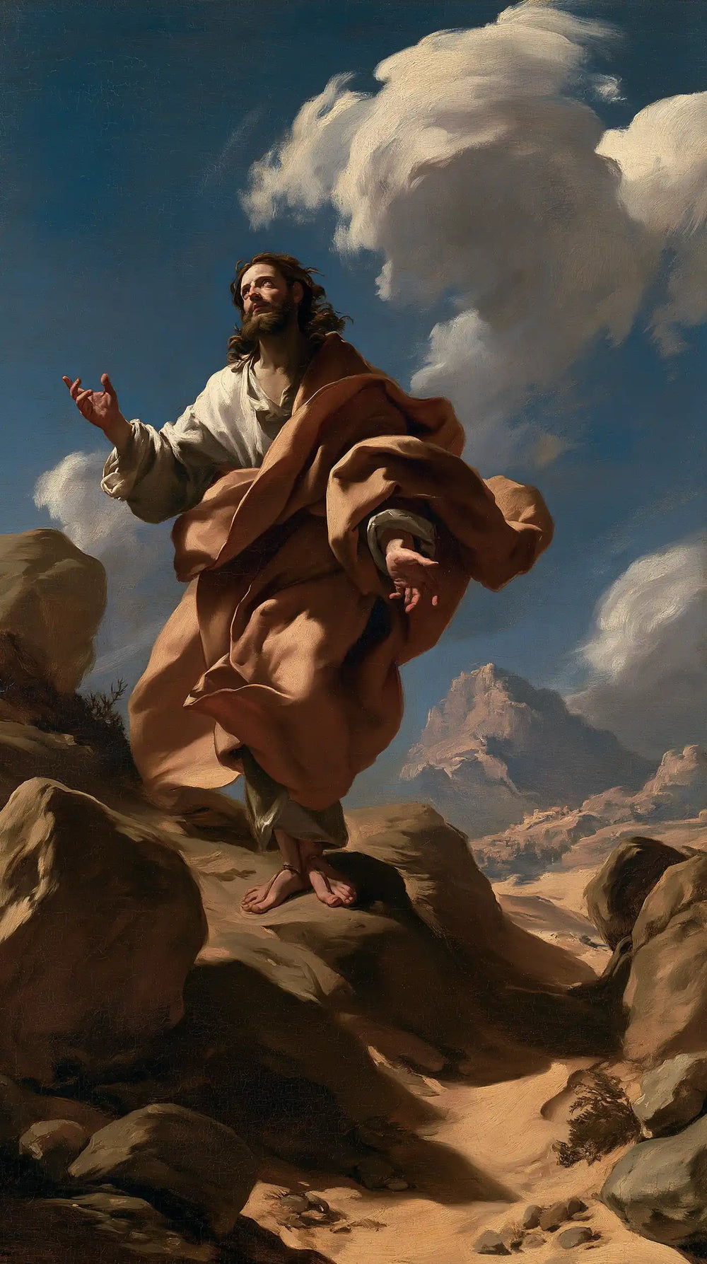 Jesus in the desert during the temptation in Theatrical Baroque style, portrait Christian artwork no. 14