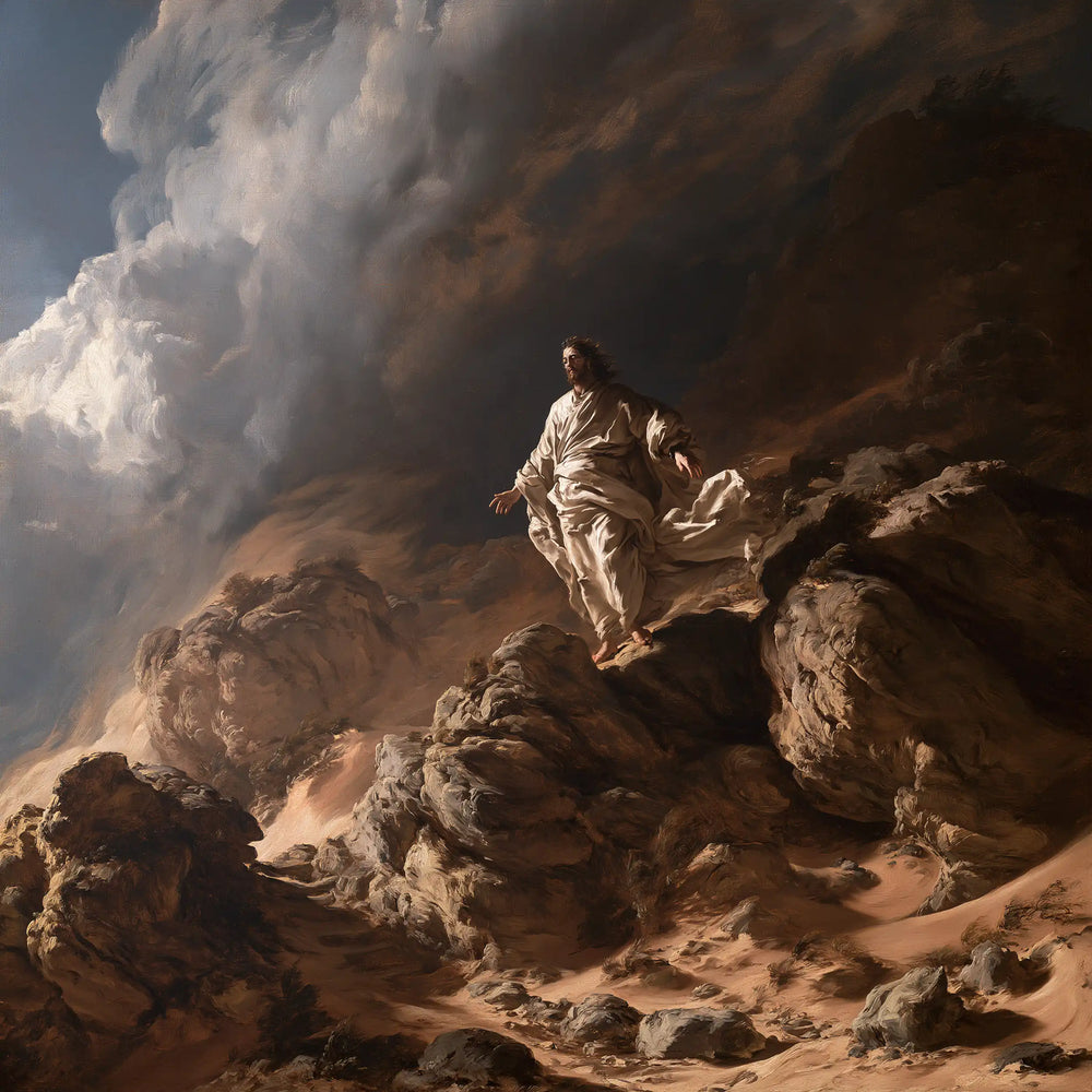 Jesus in the desert during the temptation in Theatrical Baroque style, square Christian artwork no. 2