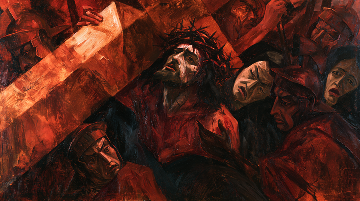 The Stations of the Cross — Prayer beneath the Ember-Colored Beam