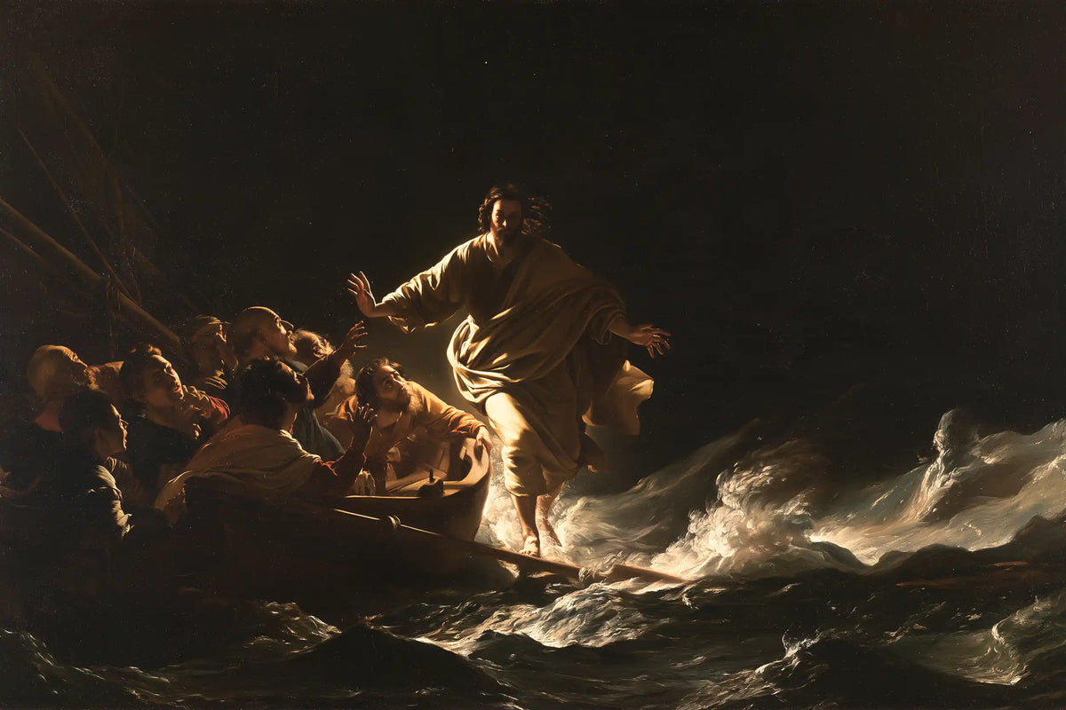 Jesus walking on water in Caravaggio Tenebrism style, landscape Christian artwork no. 11