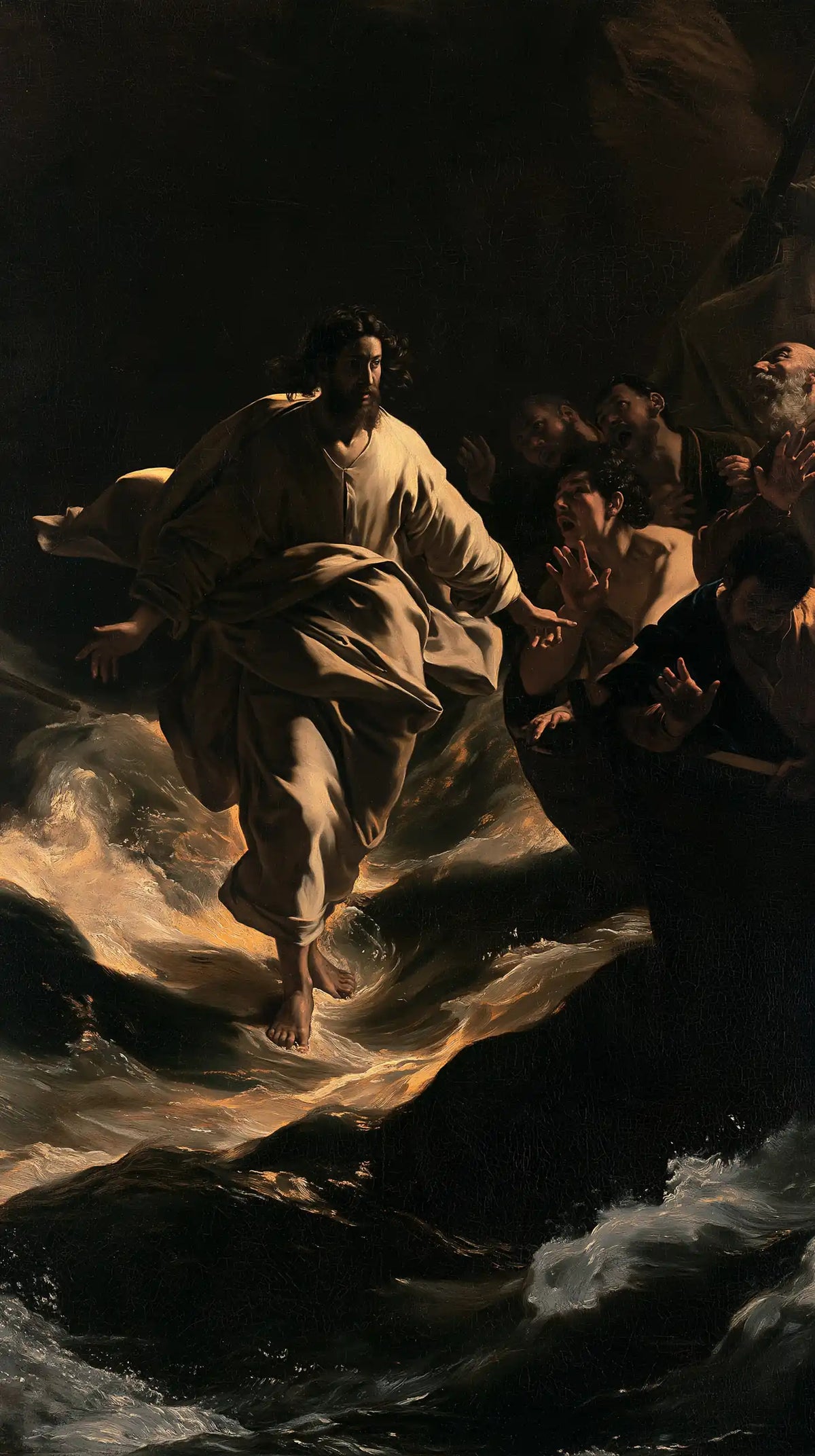 Jesus walking on water in Caravaggio Tenebrism style, portrait Christian artwork no. 32