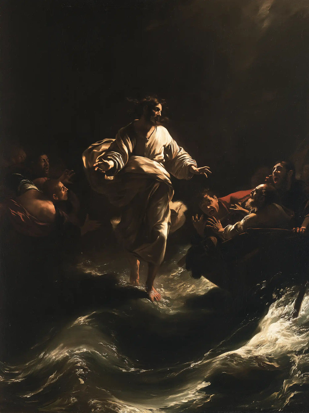 Jesus walking on water in Caravaggio Tenebrism style, portrait Christian artwork no. 33
