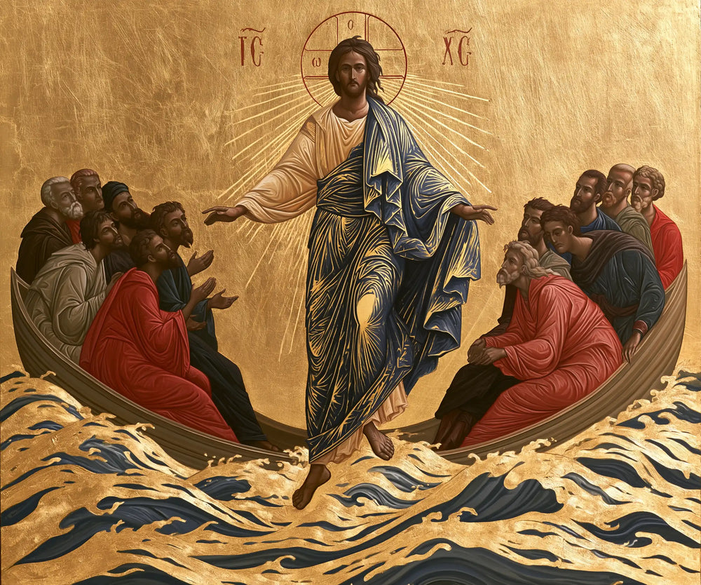 Jesus walking on water in Contemporary Byzantine style, landscape Christian artwork no. 2