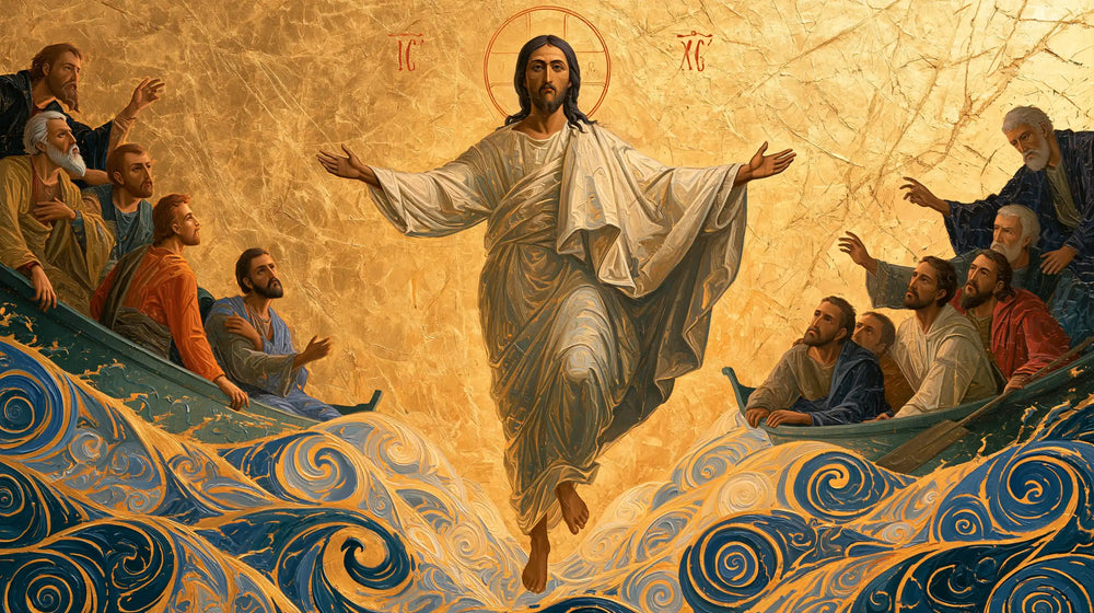 Jesus walking on water in Contemporary Byzantine style, landscape Christian artwork no. 10