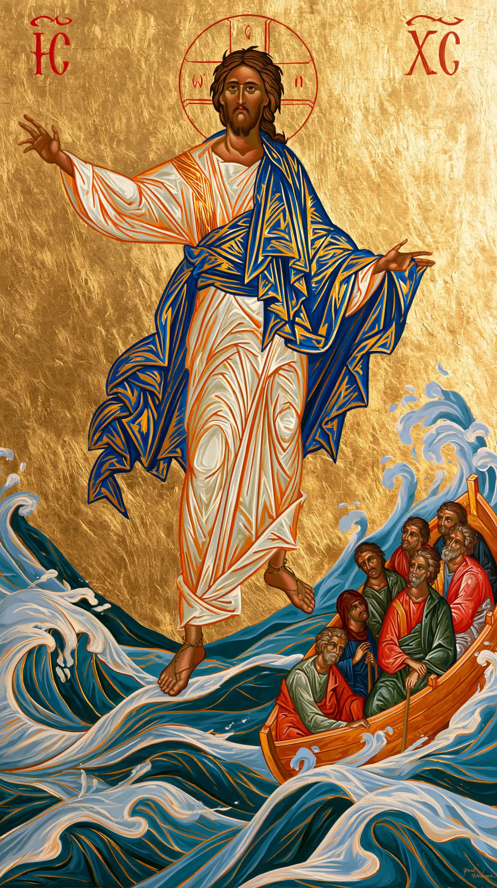 Jesus walking on water in Contemporary Byzantine style, portrait Christian artwork no. 9
