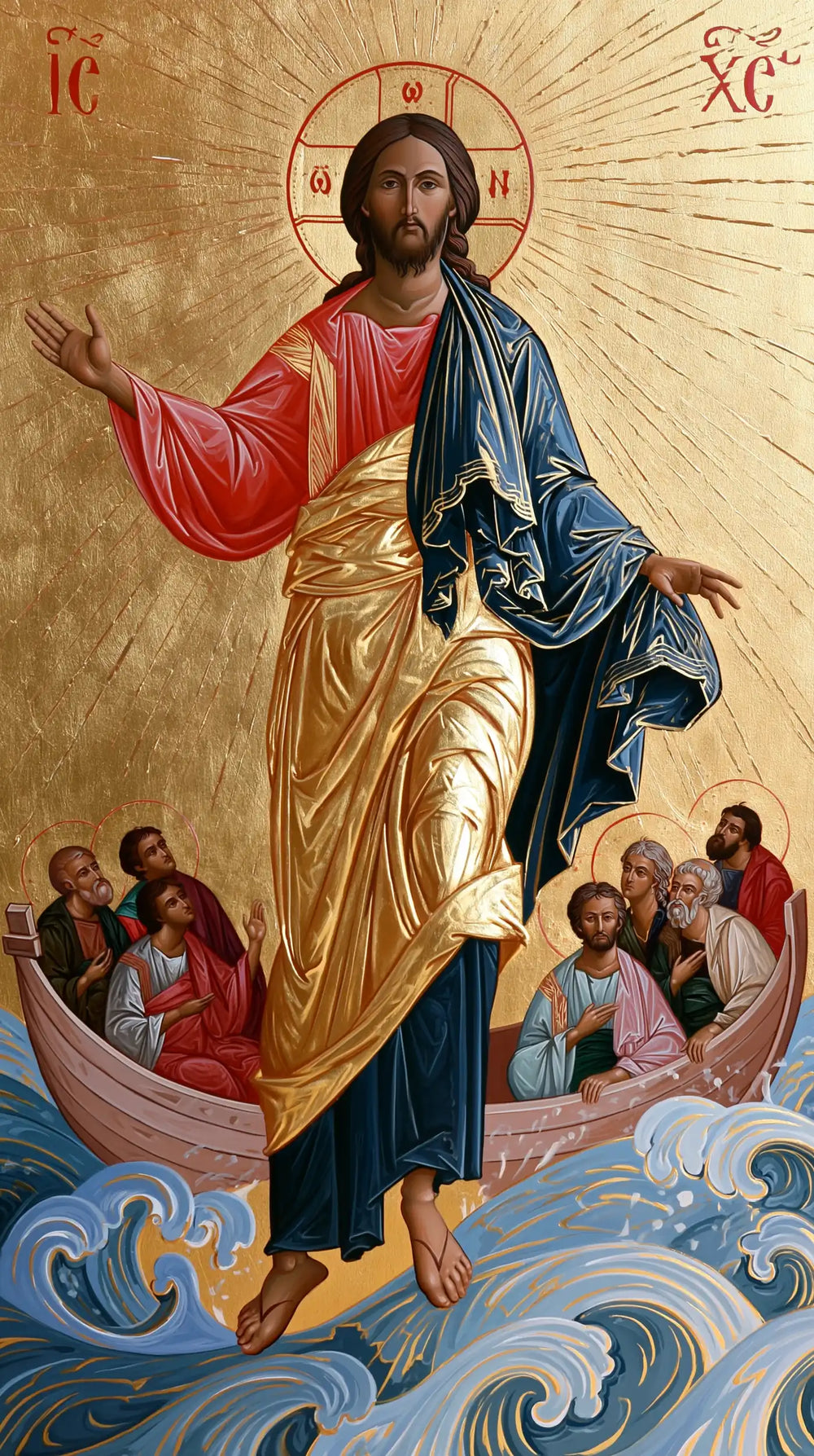 Jesus walking on water in Contemporary Byzantine style, portrait Christian artwork no. 13
