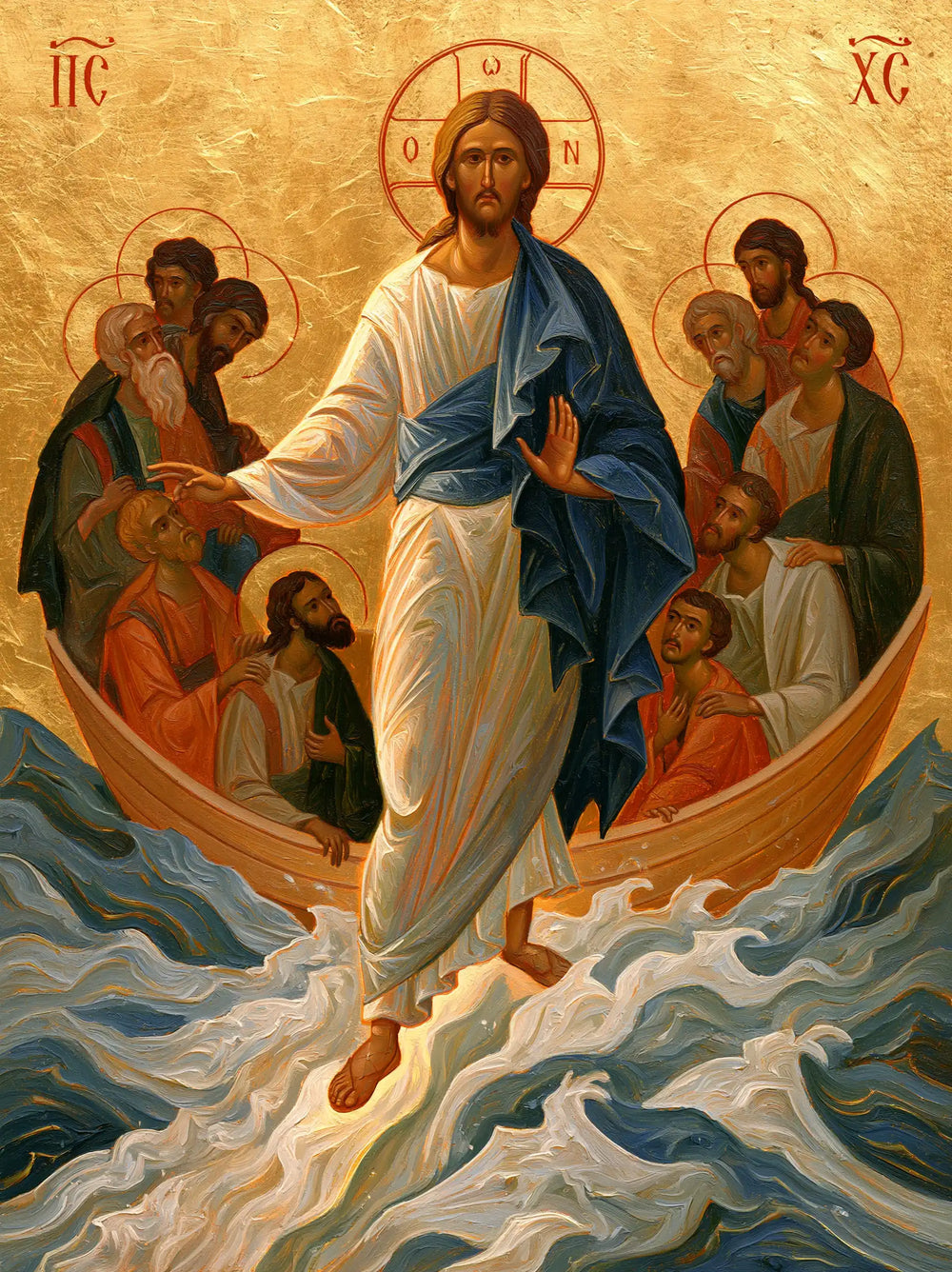 Jesus walking on water in Contemporary Byzantine style, portrait Christian artwork no. 25