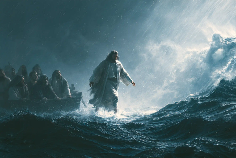 Jesus walking on water in Explosion of Movement style, landscape Christian artwork no. 9