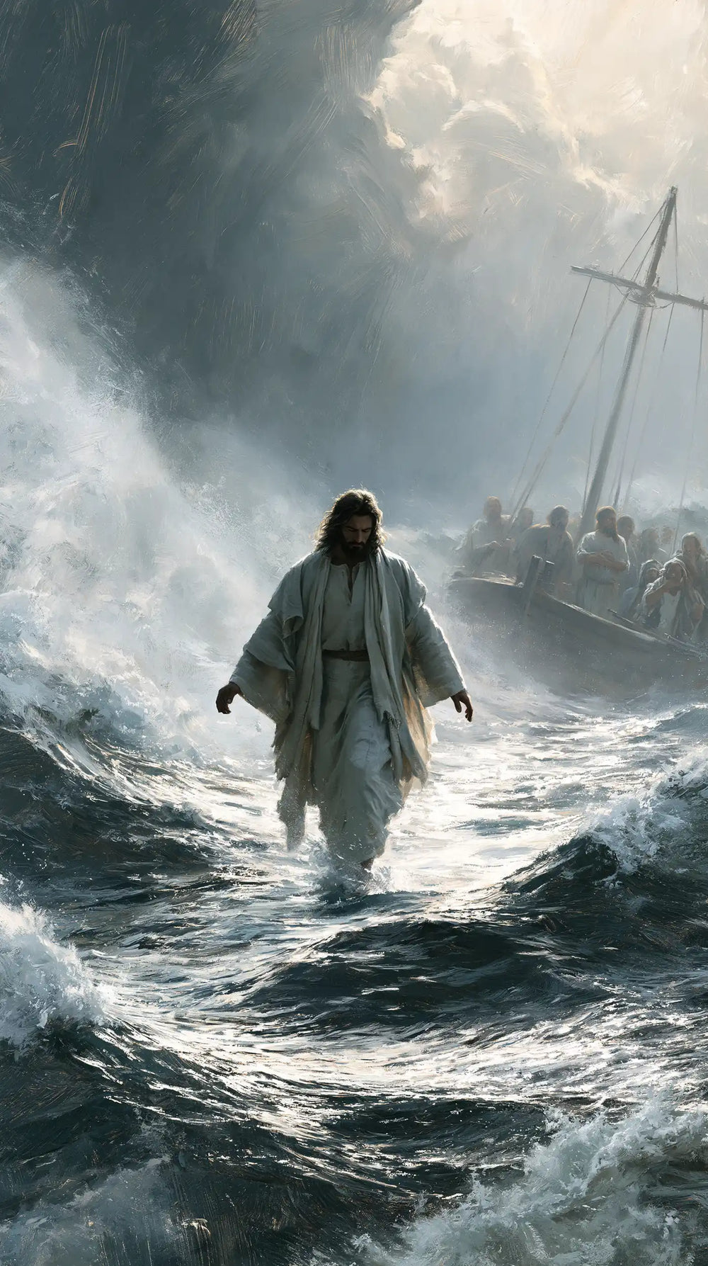 Jesus walking on water in Explosion of Movement style, portrait Christian artwork no. 26