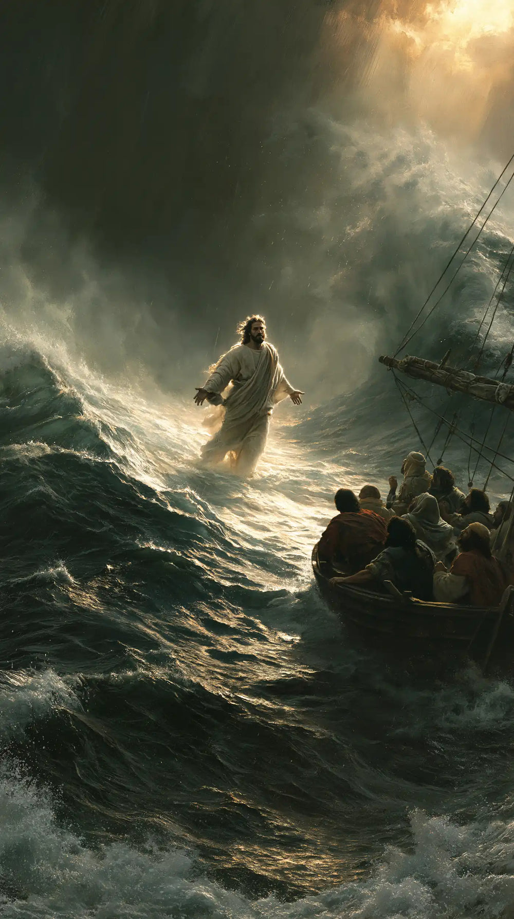 Jesus walking on water in Explosion of Movement style, portrait Christian artwork no. 34