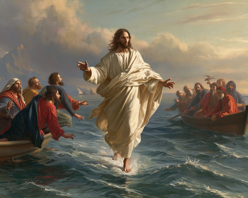 Jesus walking on water in Florentine Renaissance style, landscape Christian artwork no. 7