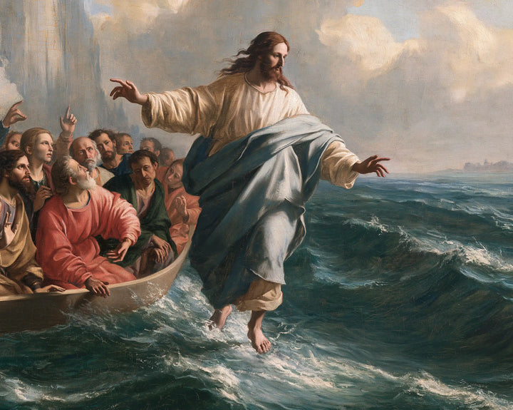 Jesus Walking on Water — Blue Drapery in the Open-Sea Wind