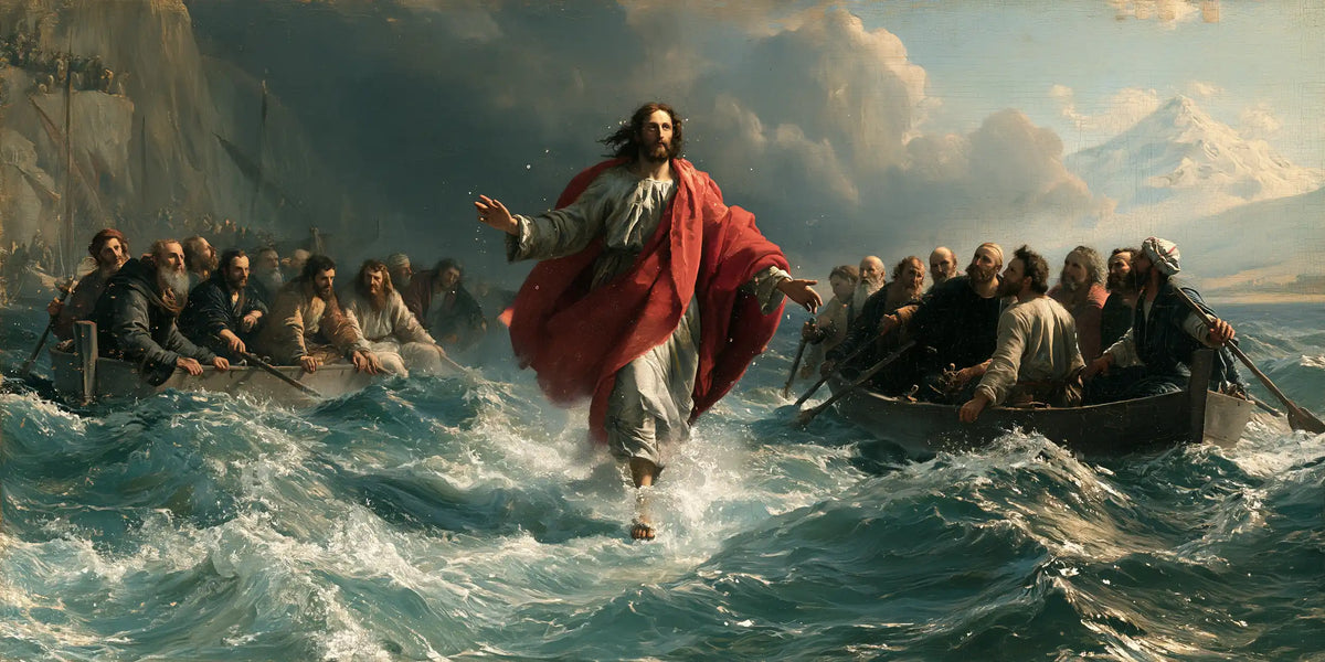 Jesus Walking on Water — Red between Two Shadowed Gatherings