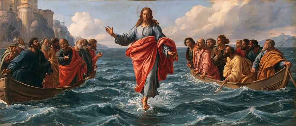 Jesus walking on water in Florentine Renaissance style, landscape Christian artwork no. 31