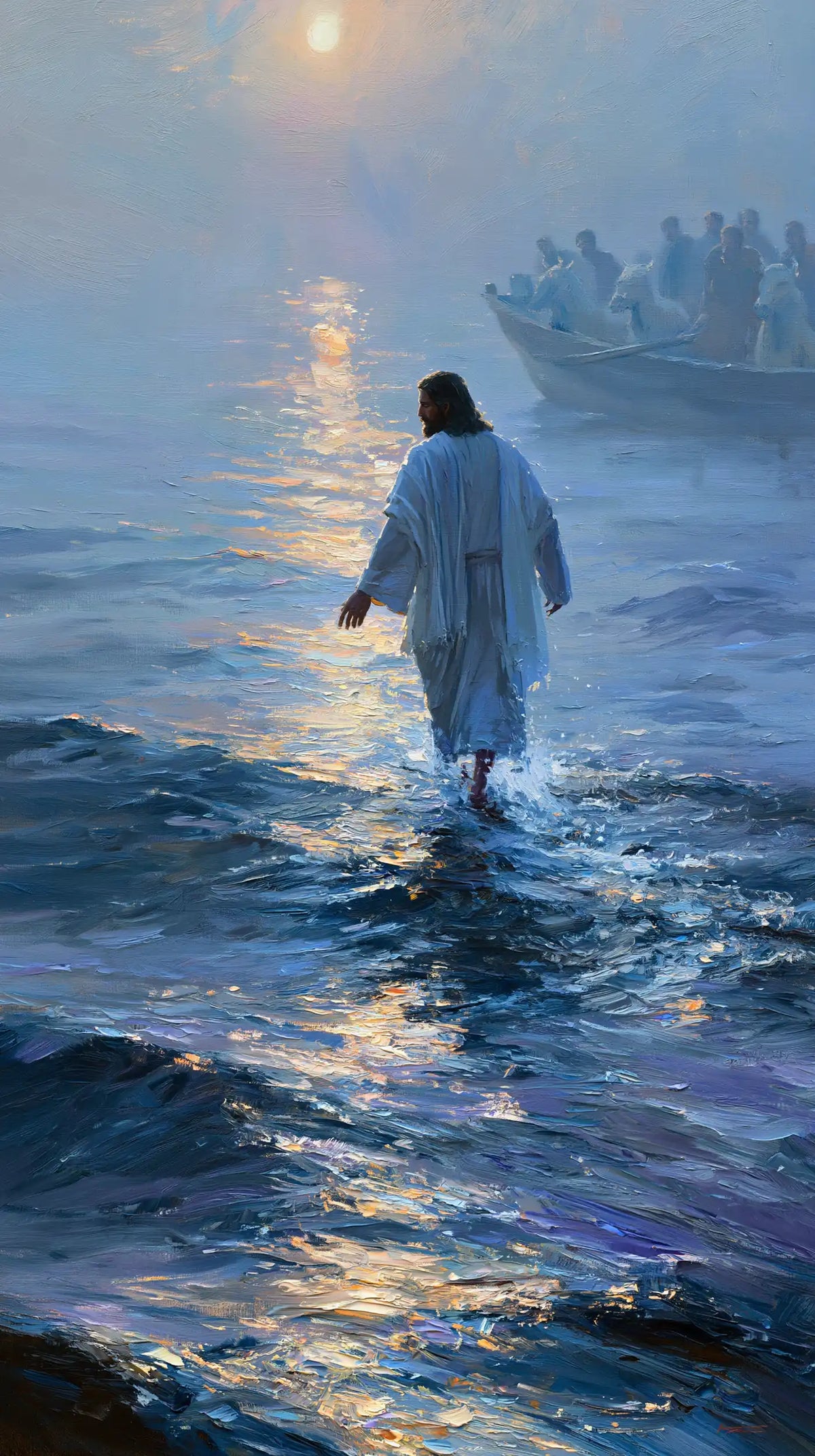 Jesus Walking on Water — The Approach in Blue-Grey Silence