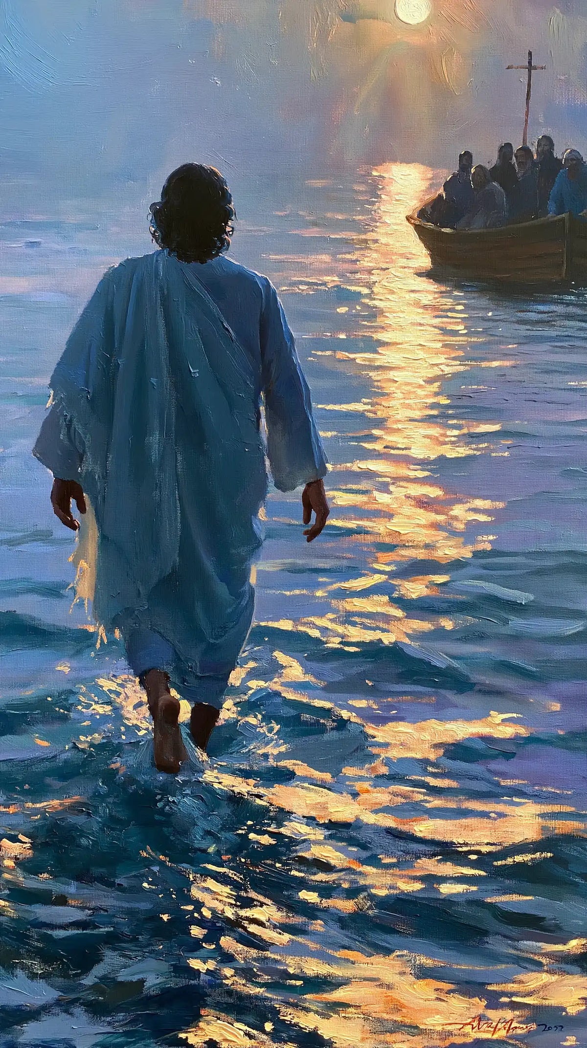 Jesus Walking on Water — Blue Drapery beside the Reflected Sun