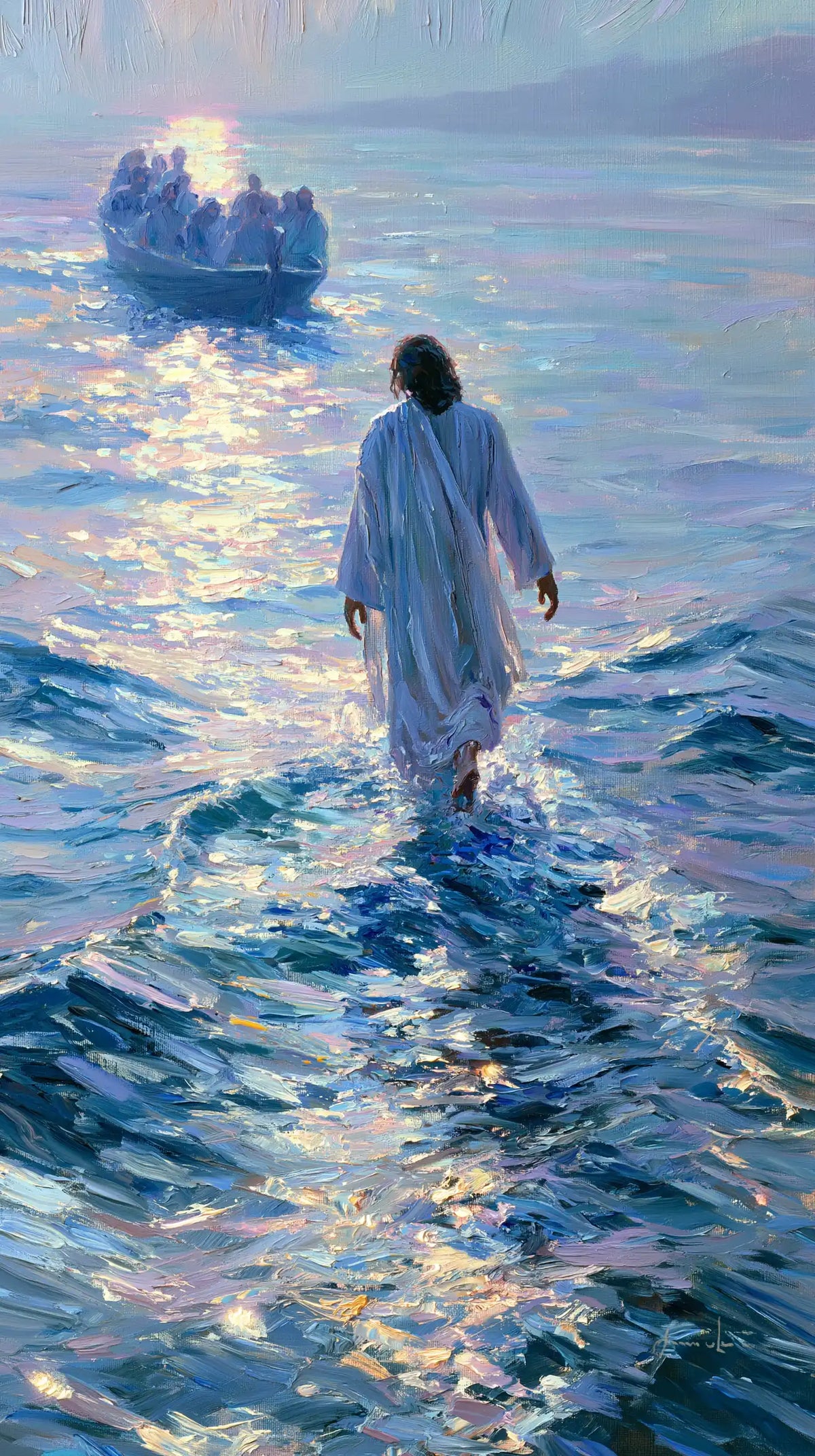 Jesus walking on water in Impressionist style, portrait Christian artwork no. 21