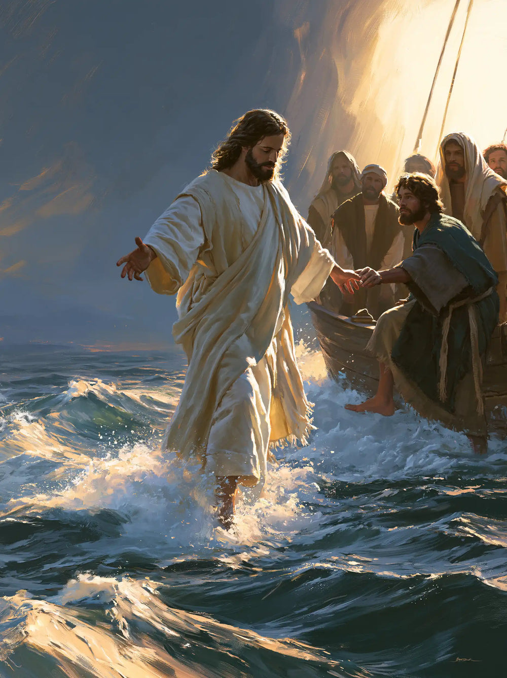 Jesus walking on water and calling Peter in Jesus Calls Peter style, portrait Christian artwork no. 11