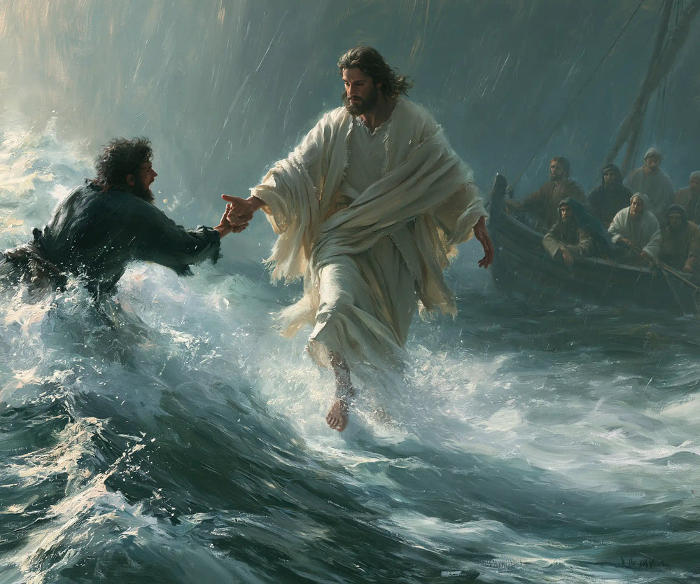 Jesus walking on water and saving Peter in Jesus Saves Peter style, landscape Christian artwork no. 1