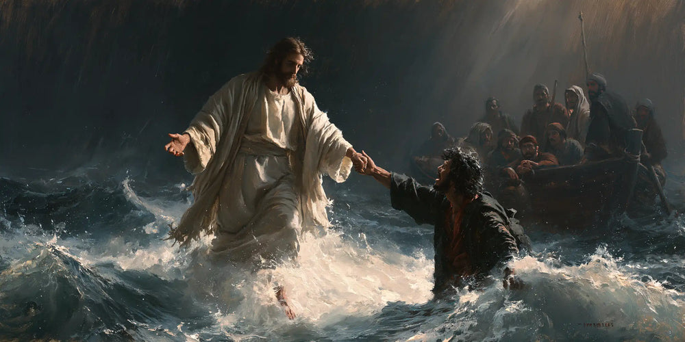 Jesus walking on water and saving Peter in Jesus Saves Peter style, landscape Christian artwork no. 19