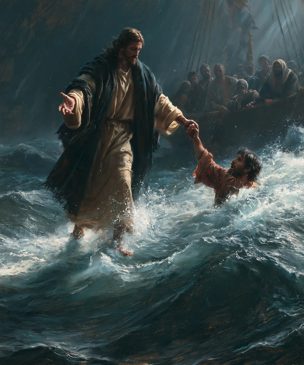 Jesus walking on water and saving Peter in Jesus Saves Peter style, portrait Christian artwork no. 21