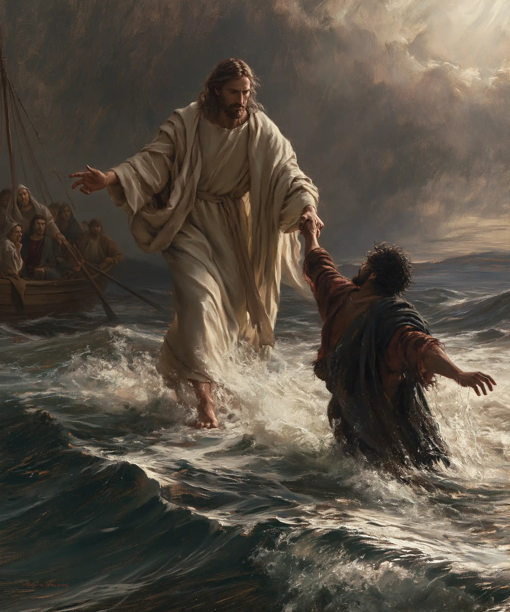 Jesus walking on water and saving Peter in Jesus Saves Peter style, portrait Christian artwork no. 22