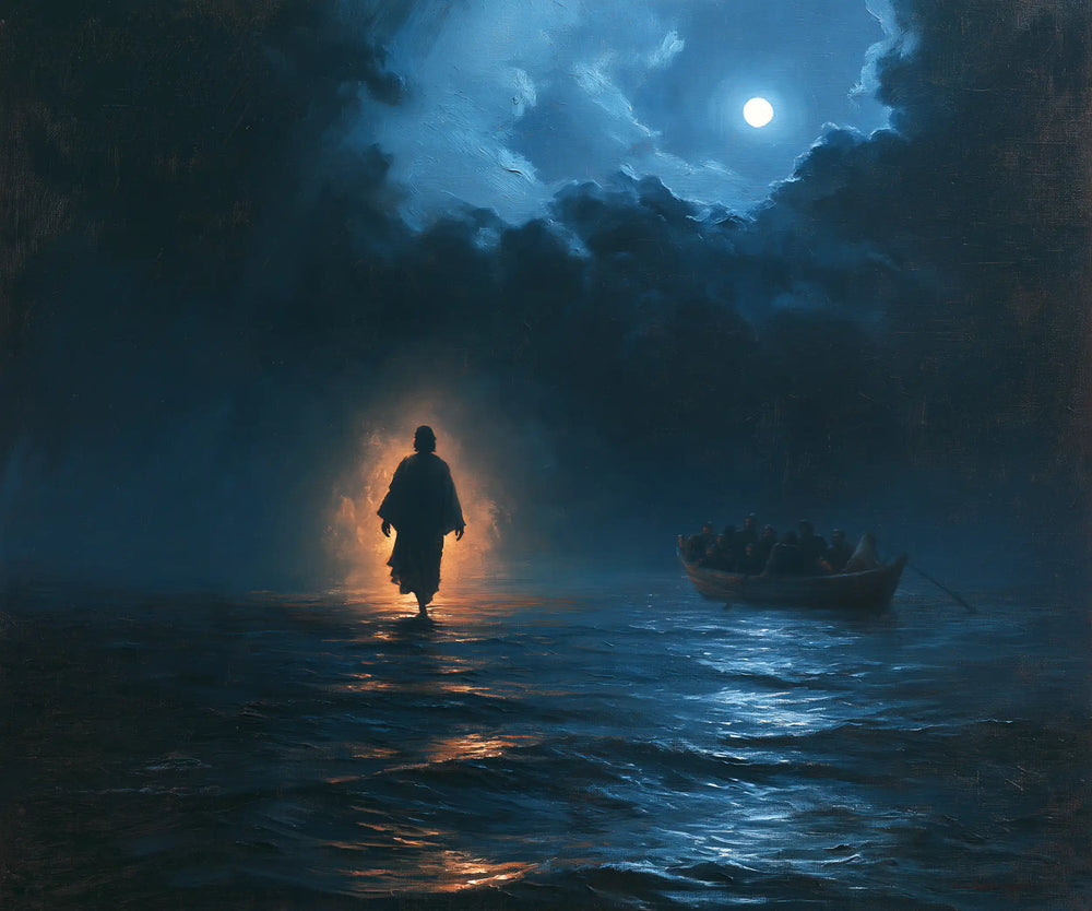 Jesus walking on water in Midnight Blue Chiaroscuro style, landscape Christian artwork no. 2