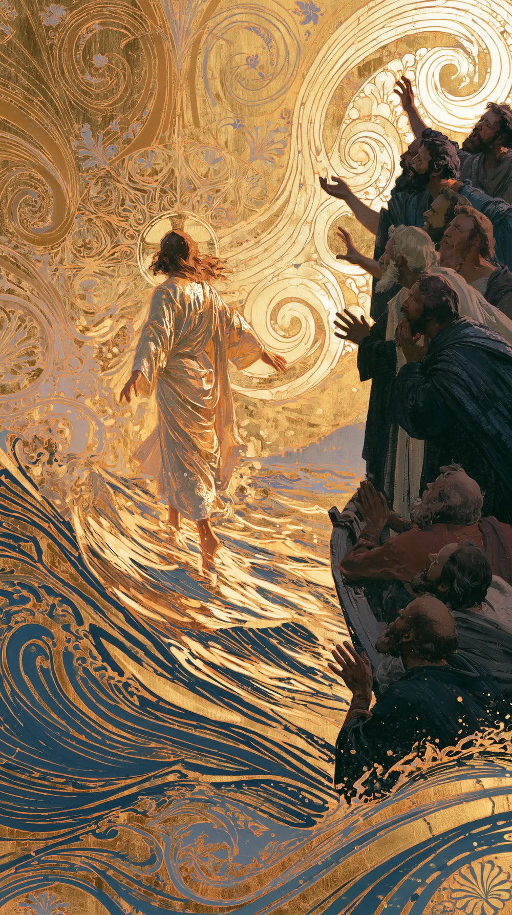 Jesus walking on water in Sacred Art Nouveau style, portrait Christian artwork no. 2