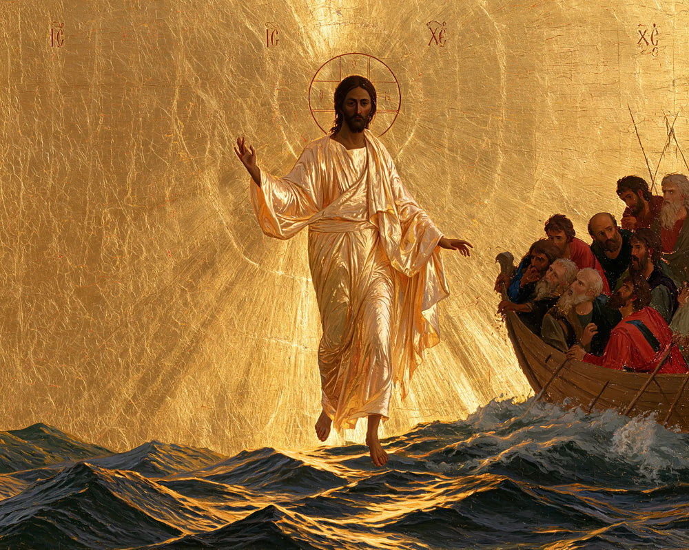 Jesus walking on water in Sacred Gold style, landscape Christian artwork no. 10