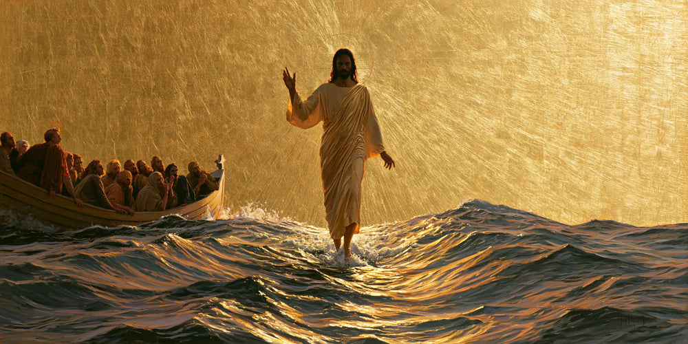 Jesus walking on water in Sacred Gold style, landscape Christian artwork no. 22