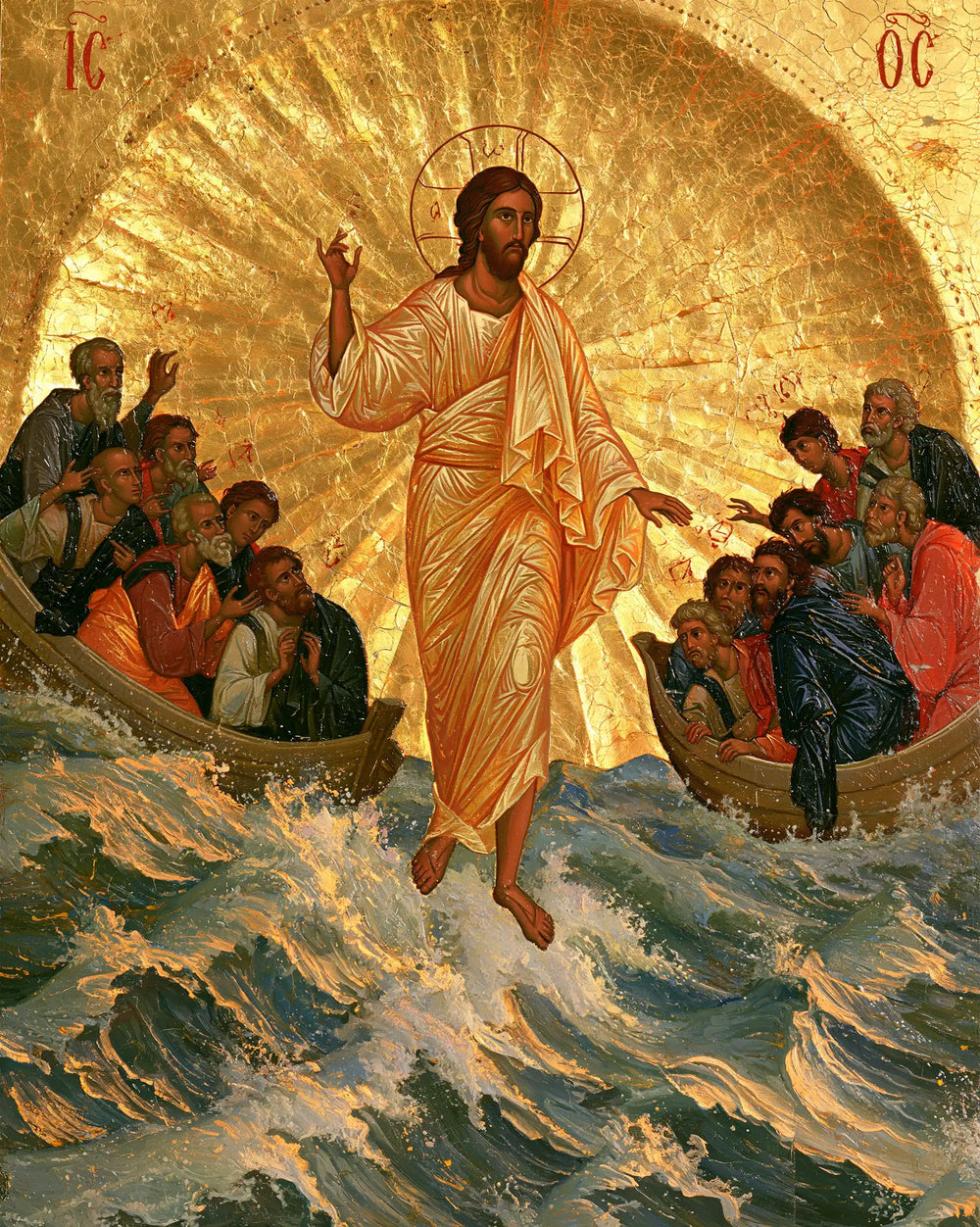 Jesus walking on water in Sacred Gold style, portrait Christian artwork no. 24