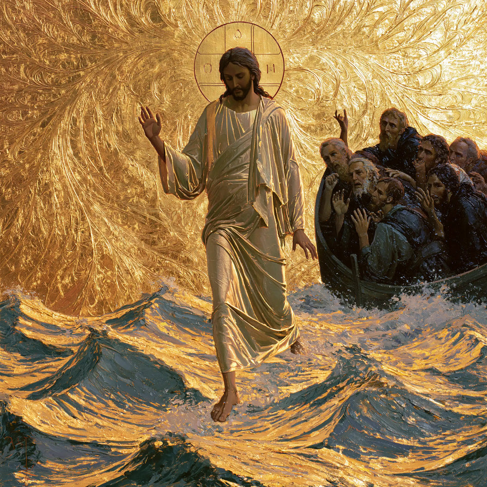 Jesus walking on water in Sacred Gold style, square Christian artwork no. 3