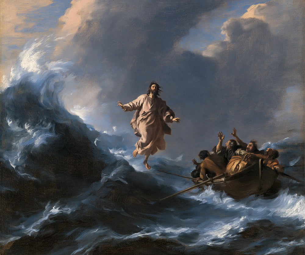 Jesus walking on water in Theatrical Baroque style, landscape Christian artwork no. 6